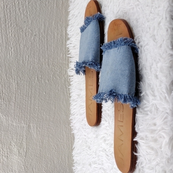 James Smith Blue Leather Fray Denim Fabric Upper Open Toe Slide Flat Sandal Shoe - Picture 4 of 15